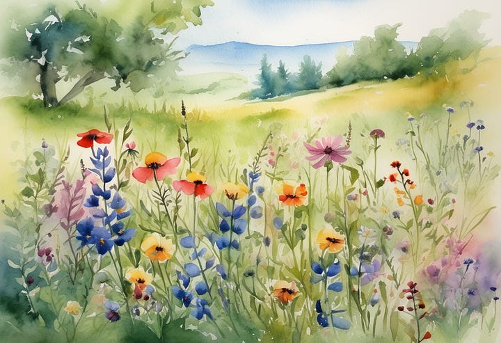 Midjourney's and SDXL's take on a wildflower meadow in watercolor