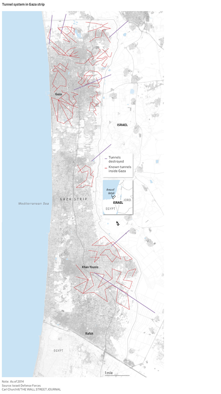 2 MAPS OF KNOWN HAMAS TUNNELS UNDER GAZA. From L to R: CNN, The Wall Street Journal 
