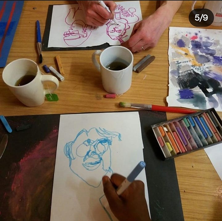 women drawing, a syllabus of the group's activities, teatime and lino cuts and coloured paper