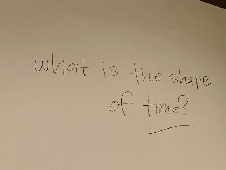 Writing and drawing on a wall answers the question, "What is the shape of time?" Answers are a spiral stretching in both directions, a stream going forward, and a circle of movement (dancers) in both directions.