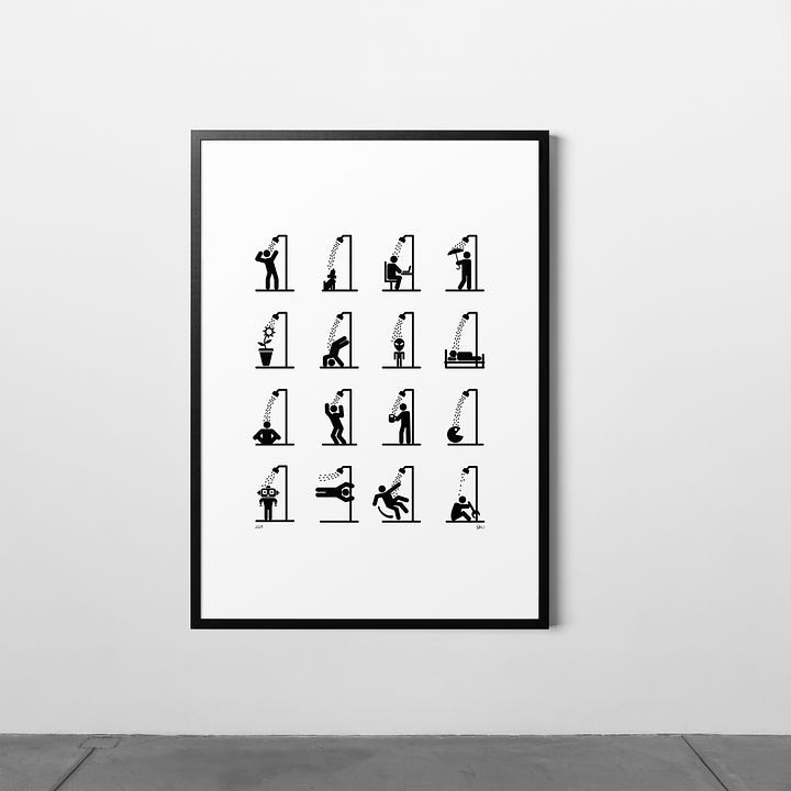 Art print showing all 16 shower concepts from Everett Wilson's pictogram series. Select illustrations are also available on t-shirts as shown in these photos.