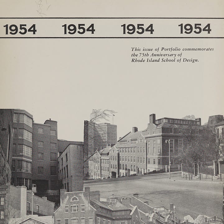 The first image is a black-and-white collage featuring historic buildings from the Rhode Island School of Design (RISD) with "1954" repeated across the top. A caption reads, "This issue of Portfolio commemorates the 75th Anniversary of Rhode Island School of Design."  The second image is a portrait of a young man, Sheldon Lasnovsky, from Bridgeport, Connecticut. He is smiling, wearing a dark shirt, and holding a pipe. Below his image is a list of achievements, including a BFA in Advertising Design and participation in student organizations like the Student Council, Drama Club, Sailing Club, and the role of Portfolio Editor.