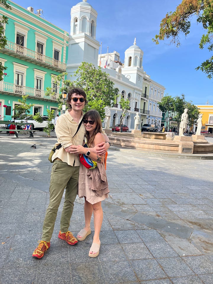 Casey and me posing in a square in Old San Juan; Casey and me rolling our luggage at the airport in San Juan.