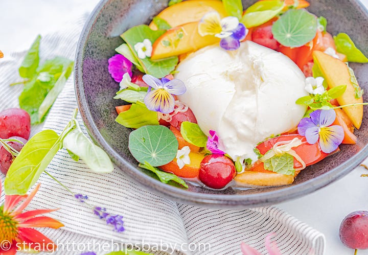 fresh burrata cheese with herbs and honeyed nectarines