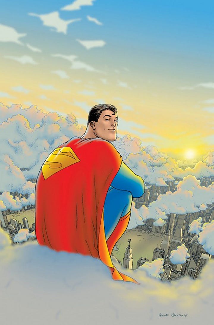 Co-editor Jason Ballantine in casual clothes. Textless cover art of Superman from the All-Star Superman comic.