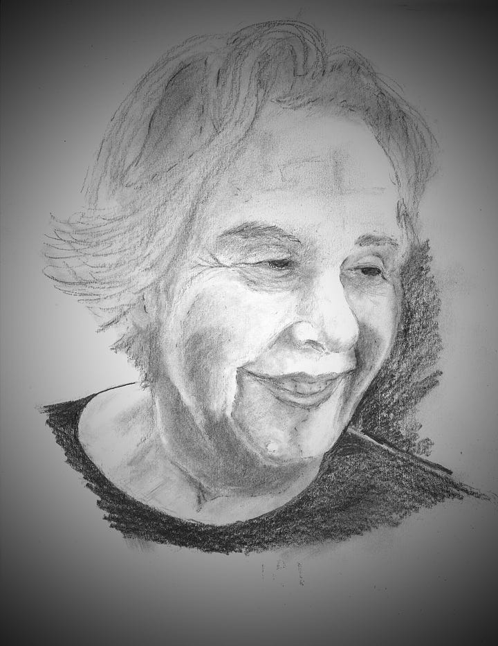 Selfie photo facing left; pencil self-portrait facing right. Smiling old woman with short frowsy gray hair.