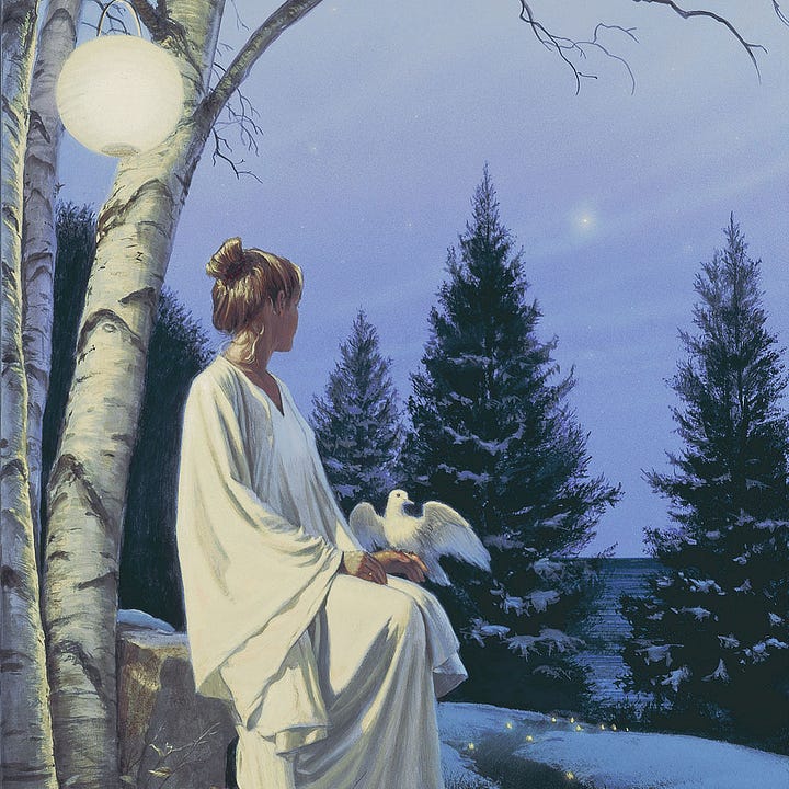 LEFT: Detail from STAR OF PEACE featuring a woman in a plain white gown sits on a rock with her hands resting on her lap. A dove takes perch on her finger as she glances over snow covered trees to a distant star in the night sky. A globe of a paper lantern  hangs above her from the bare branches of a birch tree. RIGHT: Detail from STAR OF PEACE featuring a view down a lighted path through snow covered evergreen trees to the water beyond.