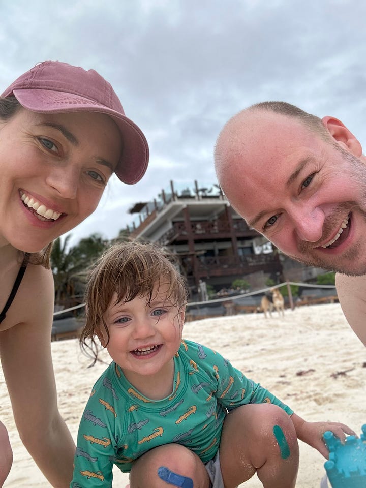 The Koch family smiling on bikes and on the beach. 