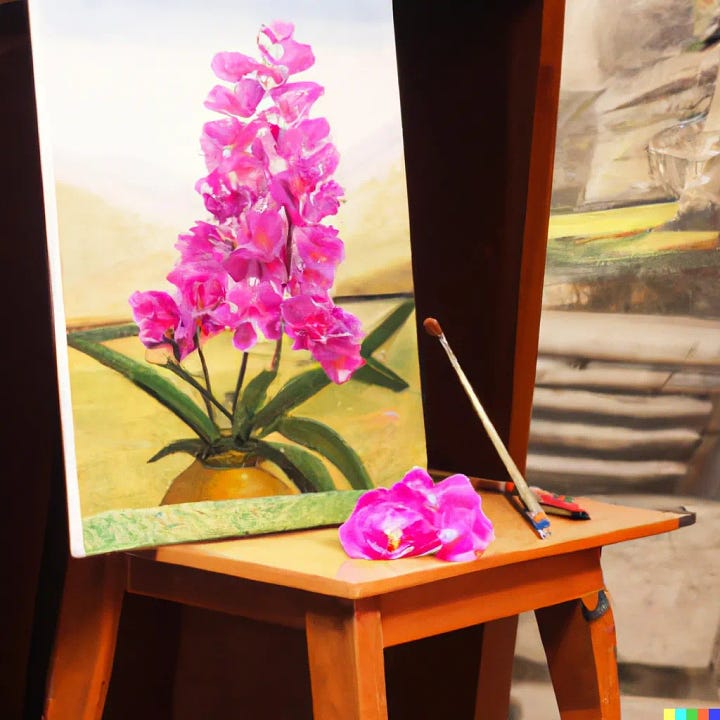 Bad paintings of fake orchids in non-existent gold vessels 