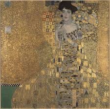 From Top Left - Alphose Mucha poster, Victor Horta Hotel Tassel, Charles Rennie Mackintosh Rose design and Gustave Klimt's portrait of Adele Bloch-Bauer