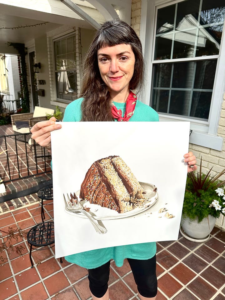 the image on the left shows Molly holding a large print of a birthday cake painting, a slice of vanilla cake with chocolate icing and lots of colorful sprinkles. A fork sits next to it with crumbs sprinkled around it. The image on the right is the same painting framed as a print hanging above a linen covered table.