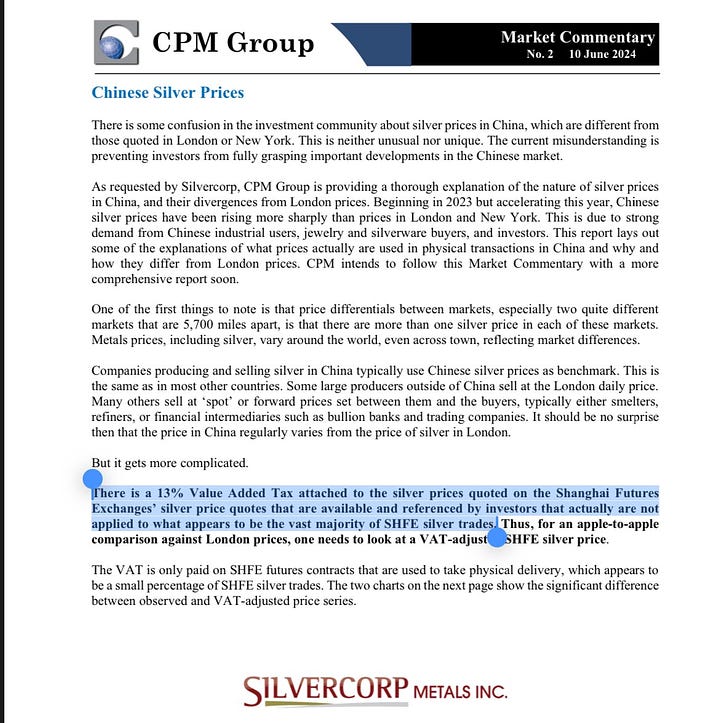 Pic 1: This observation makes sense. It states the VAT  is attached to the price quoted. One question is: is the VAT attached *before* the SHFE quote is displayed or *after*? The question simply is: when is the VAT addedThe nature of English verb tenses needs more clarity   Does the price as displayed in the futures market included the VAT already or not?Pic 2: Silver in shfe sans vat trades under LBMA. This implies the shfe price has a vat already in it on screen.