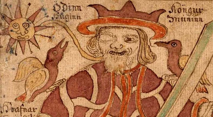 left, old icelandic drawing of Odin and two ravens' right, picture of a raven on a book