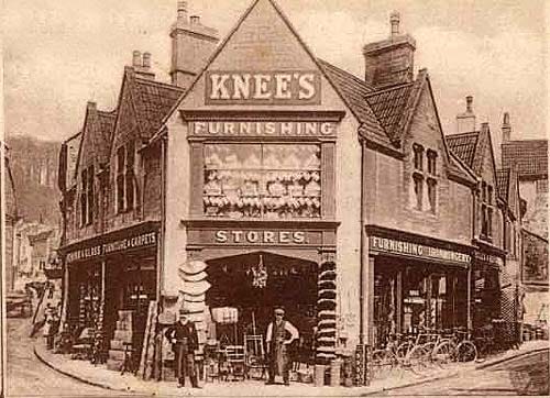 Knees Corner - then and now. Some of the shop was pulled down to make it easier for motorists to see at the junction of Market Street, Bradford on Avon.