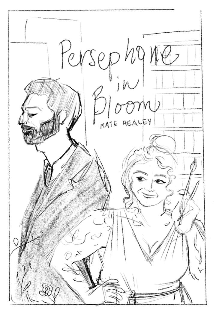 Four draft cover sketches for Persephone in Bloom: two with skyscrapers behind the couple, one with a floral frame on the left side and bottom, and one with a floral frame arcing over the couple. All images include Hades, a tall, dark-haired bearded man in a suit, and Persephone, a fat woman with tattooed arms, fair hair in a topknot, and a loose dress.