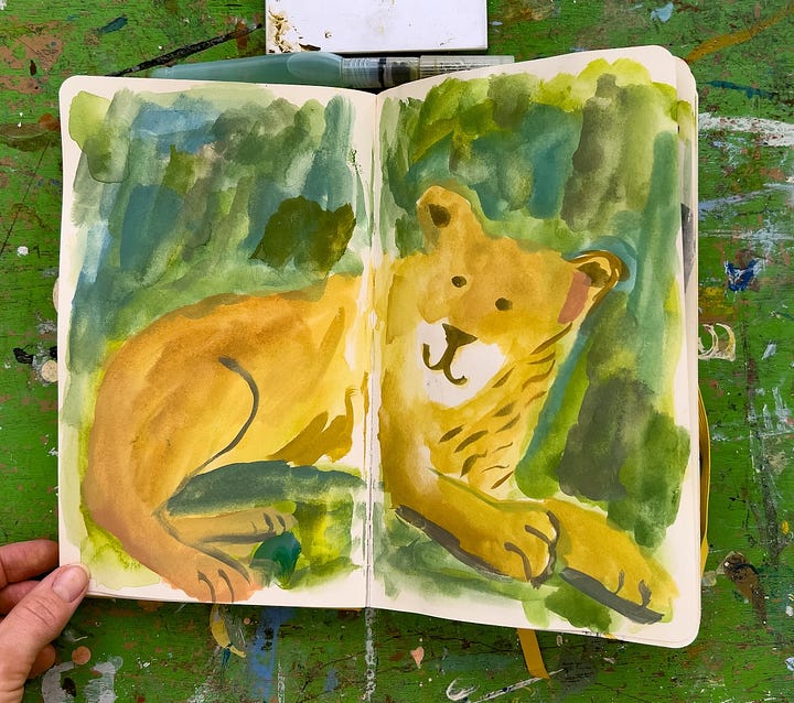 sketchbook paintings of lions, crocodile, and a still life by Beth Spencer