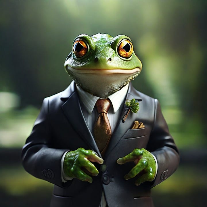 a frog is pointing the camera, realistic, humanoid, wearing suit, rich, smiling