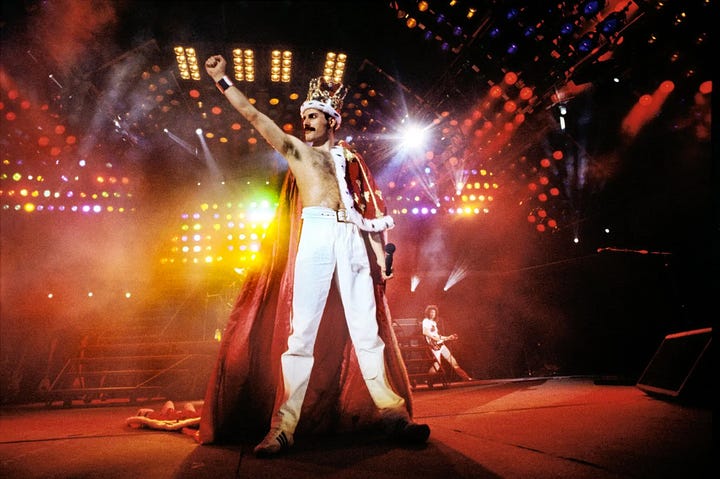 Draft of Bohemian Rhapsody (left) and Freddie Mercury performing (right)