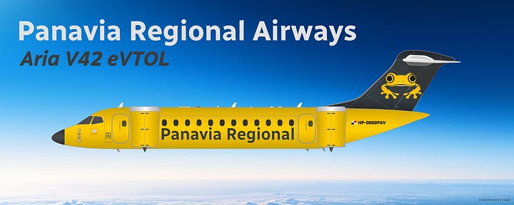 The current Panavia Regional Airlines fleet: 1) Aria V12 VTOL, 2) Aria V42 VTOL, 3) Aria V42qc QC Combi, and 4) Bombardier Dash-8 Q200 - all shown in side view.