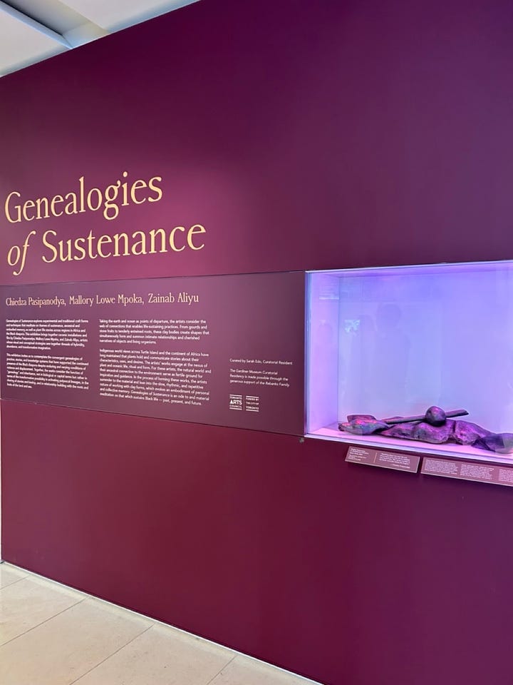 A museum display with words "Genealogies of Sustenance" in a mustard yellow against a burgundy background.