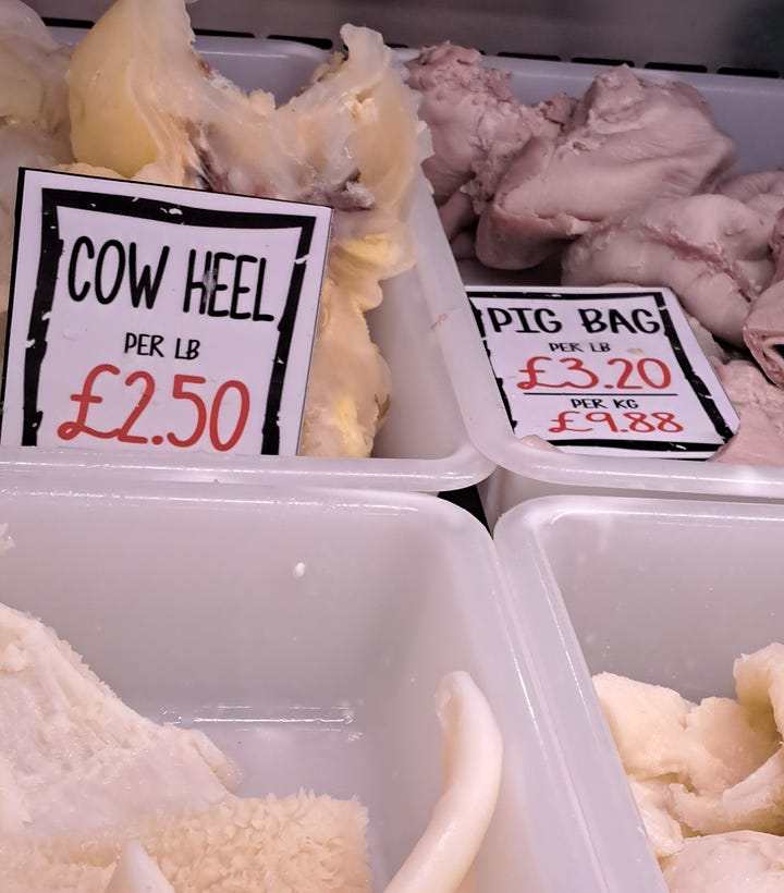 Barnsley Market exterior, The Glass Works. Interior wide, close ups of savoury duck and butchers counter showing cow heel