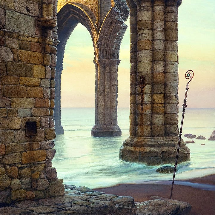 LEFT: Detail from ENLIGHTENMENT seen through the pointed arches of a ruined abbey. A red haired woman in a pink dress standing high on the crumbling wall. The sun is rising off panel left blocked by the ruins in the foreground, but bathes her in dawn’s light. The distant sky is rendered in a delicate blue so light it blends with the clouds. RIGHT: Foreground detail from ENLIGHTENMENT featuring an ornate metal staff stuck in the sand. Behind it, frothy tide engulfs the base of a wide stone pillar as it rolls up the shore. The left of the panel is obscured by an ancient stone wall. There is a glimpse of a walkway below with a few steps leading down to the shore. The immediacy of placement gives the viewer a sense of stepping around the corner from the ruins to glimpse an unexpected view of the water.