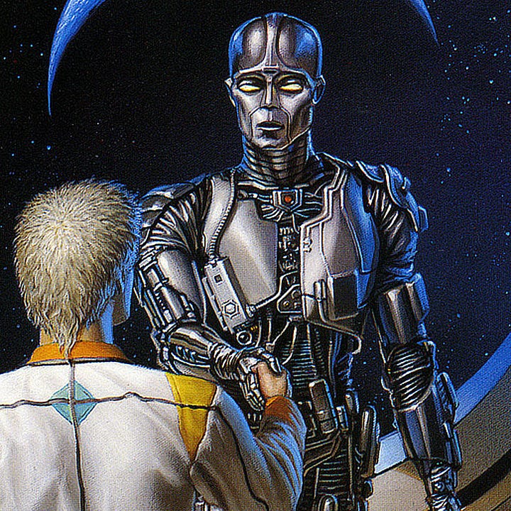 LEFT: Detail from ROBOTS AND EMPIRE featuring a humanoid form of Daneel shaking hand of Giskard, a metallic robot, in front of large circular viewport. RIGHT: Close detail of Giskard over Daneel's shoulder as they shake hands.