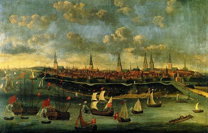 Paintings and drawings of 17th century Hamburg buildings, walls, and market square