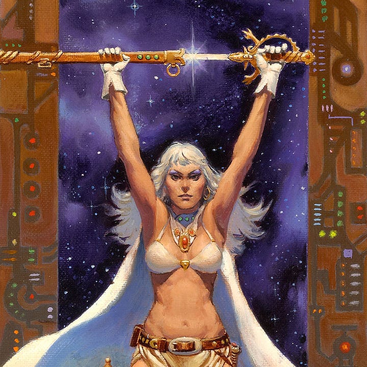 LEFT: Close detail from GATE OF IVREL featuring Morgaine with long white hair and sweeping cloak. She is minimally clad in a white bikini top, leather belt, and a skirt that resembles a draping loin cloth. Her hands are similarly gloved in white as she holds a sword overhead. The blade gleams as it slides from the sheath. RIGHT: Close detail from GATE OF IVREL featuring a warrior kneeling in front of Morgaine. He's down on one knee as he grips the handle and crossguard of a curving sword with the tip of the blade planted in the ground. His eyes appear cast down or closed reverently.