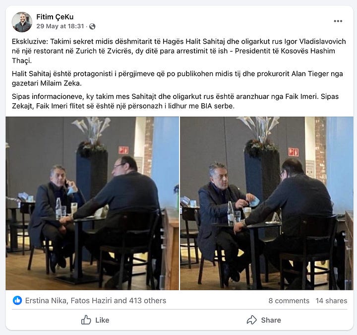 Screenshots of Mr Çeku’s 29 May 2025 Facebook post, which repurposed investigative material from The Gunpowder Chronicles’ April 2025 exposé on the Sahitaj-Vladislavovich Zurich meeting. The original photographs and context were appropriated without credit and reframed to mislead public discourse.
