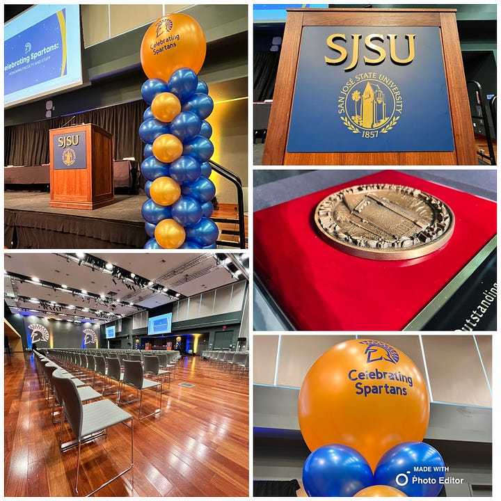 Photo 1: Collage of 5 photos showcasing blue and gold balloons, an award with a seal on it, chairs set up for event, podium with seal for event; Photo 2: girl with glasses and mask holding a peace sign in a blue polka dotted dress with a 25-year service ribbon