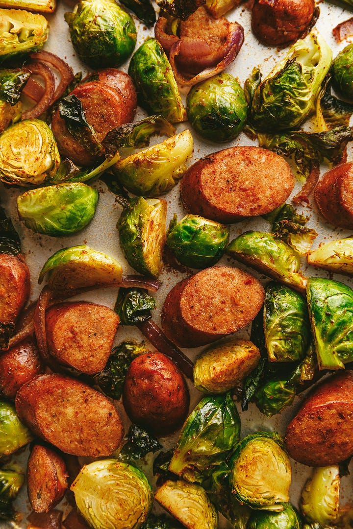 Spicy sheet pan brussels sprouts and sausage. 