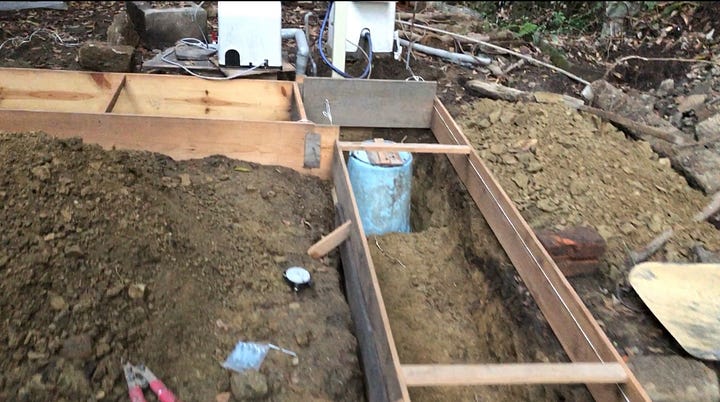 Site cleared of debris, removing the old foundation, digging the new footings, building squared wooden forms for the concrete, and the build science detail.