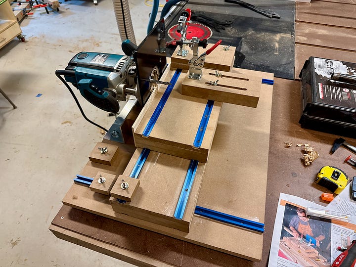 Gallery showing two photos of a shop-made mortising jig.