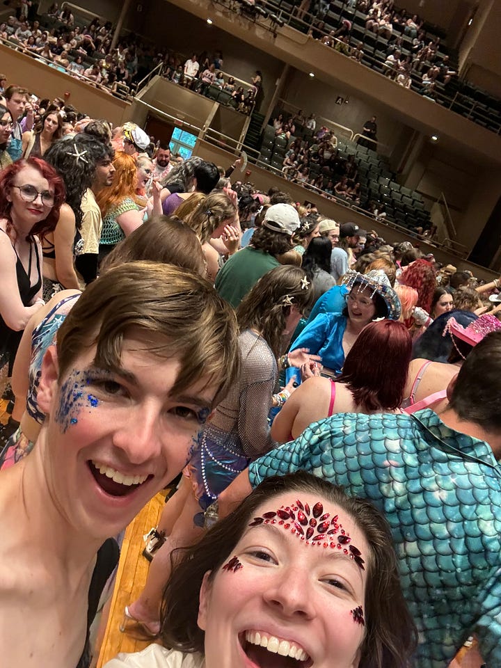 Two photos of the author, each with a sibling, each at a crowded concert venue 