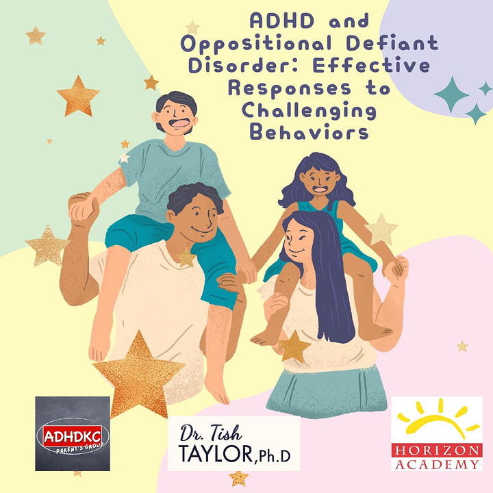 The left image is a cartoon with children sitting on their parents shoulders. The title reads: ADHD and oppositional defiant disorder: effective responses to challenging behaviors. Logos From the ADHDKC parent group, Dr Tish Taylor PhD, and Horizon Academy are at the bottom. The right image is a rainbow with the ADHDKC Teen logo. The title reads: ADHD and LGBTQ: learn the relationship this Pride Month 2023.