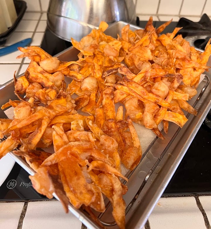 Crispy sweet potato and shrimp fritters.
