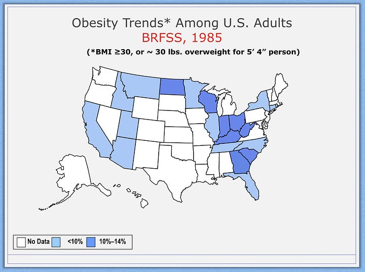 In 1985, a handful of states had 10-14% of adults with a BMI of >30. In 2010, there is not a single state with less than 20% of adults with a BMI >30.