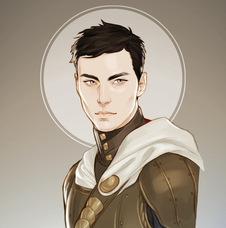 Illustrations of Vivia and Aeduan. Vivia is wearing blue and looking over her shoulder at you, expression somber. Aeduan is wearing a bronze/brown with a white cloak and string more directly at you.