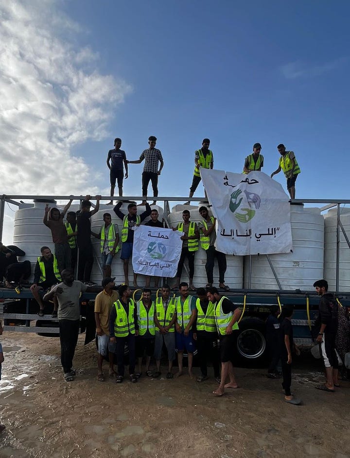 Left image of a young girl looking up and smiling. Right image of a group of EEE volunteers in front of a water distro truck.