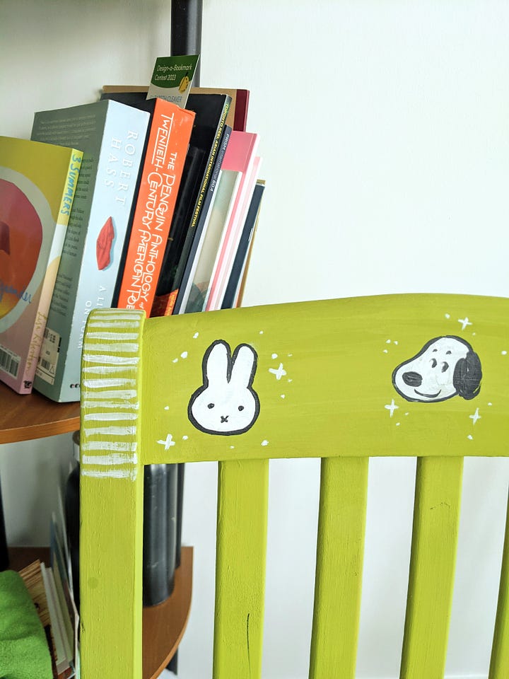 two green chairs, painted by hand and decorated with drawings of miffy, snoopy, animal crossing cherries, etc.