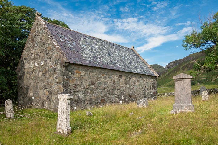 Grassy track leading to the MacLaine Mausoleum; St Kenneth's Chapel repurposed as Caibeal Mheamhair, the 'chapel of remembrance’, to house the MacLaine dead; inside the mausoleum © Felicity Martin