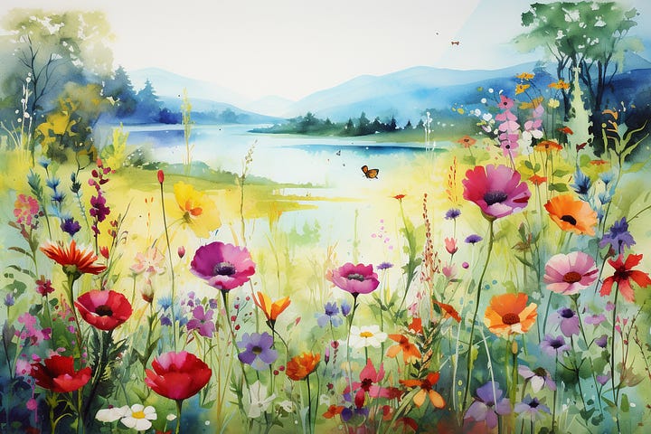 Midjourney's and SDXL's take on a wildflower meadow in watercolor
