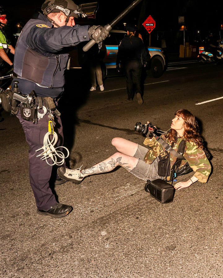 The NYPD knocked down and arrested credentialed journalist Olga Fedorova in New York, NY, on May 8, 2024. Photo: Alex Kent via Twitter. The cops began to kettle us, threatening to arrest us. It was terrifying. Moments ago, Wyatt, who was taking video, and I were standing and then the next moment, they were moving toward us so quickly.” Photo by Gabriella Gregor-Splaver/Columbia Spectator.