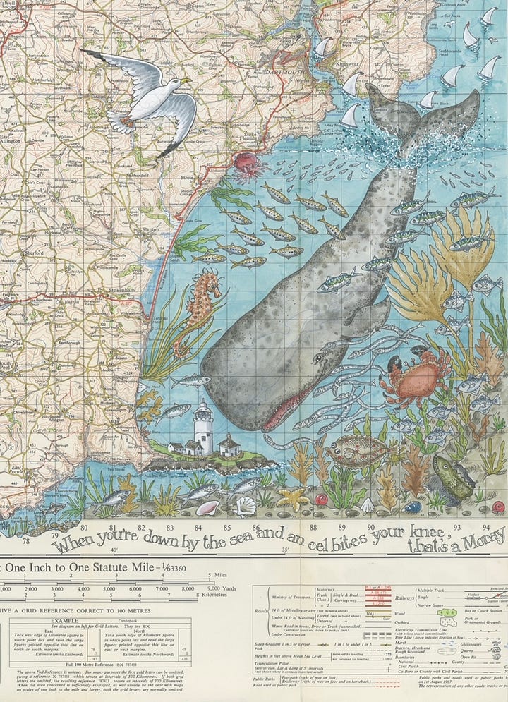 Illustrations of whales on old maps