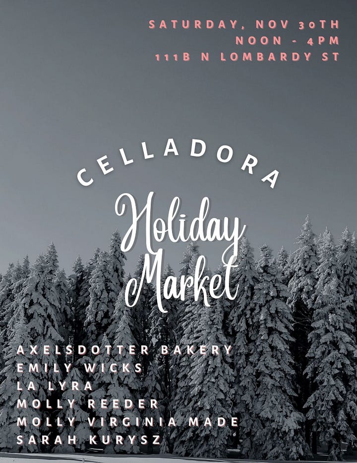 A flyer that has black and white christmas trees behind the words that say Celladora Holiday Market, the flyer on the right shows the words Renegade Brooklyn 150+ creatives with red bue and yellow design background