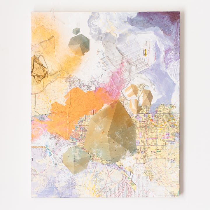 Two canvases with near-white textured backgrounds have swashes of orange paint on them. Hexagonal collage elements are scattered across the picture plane. The hues vary between blue, peach, brown, light purple, and seem cloud-like.