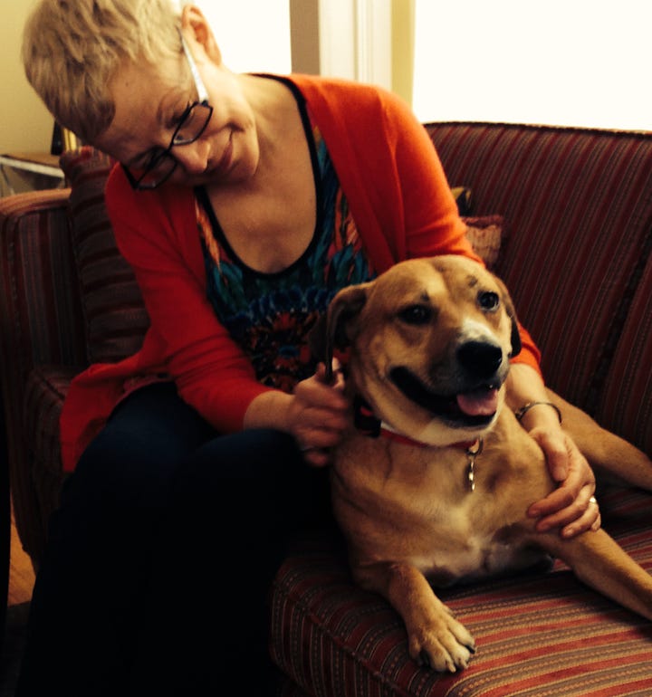 (L) A woman and a dog on a couch; (R) a woman resting her arm on a steering wheel