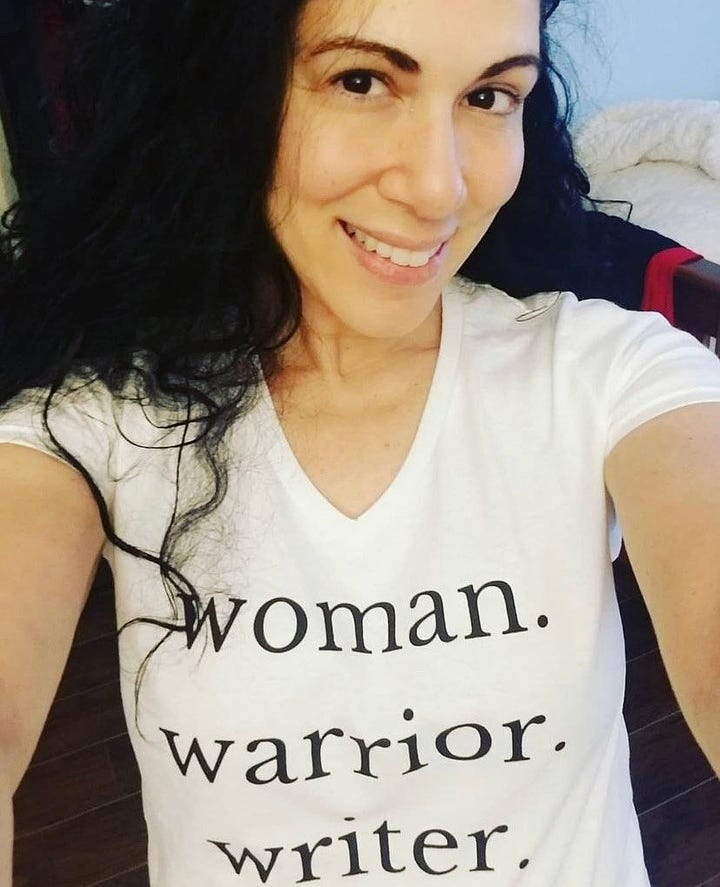 Image of Susan Muaddi Darraj (Author of Behind You is the Sea) in a white Woman. Warrior. Writer. T-shirt (left), Woman. Warrior. Writer. White T-Shirt (right)