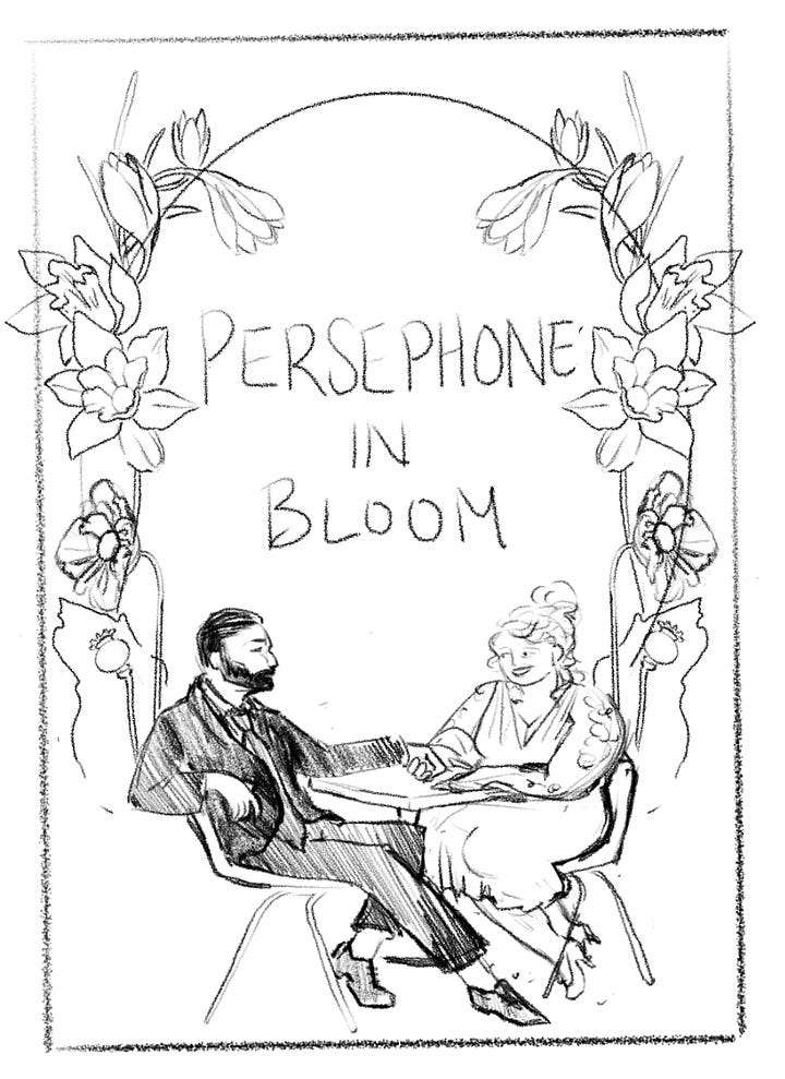 Four draft cover sketches for Persephone in Bloom: two with skyscrapers behind the couple, one with a floral frame on the left side and bottom, and one with a floral frame arcing over the couple. All images include Hades, a tall, dark-haired bearded man in a suit, and Persephone, a fat woman with tattooed arms, fair hair in a topknot, and a loose dress.